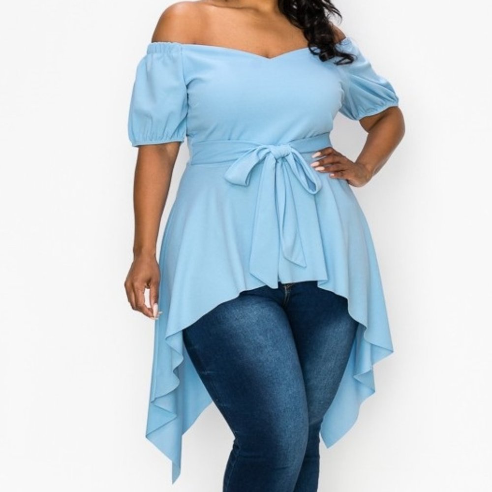 Gorgeous off the shoulder asymmetric hem T…